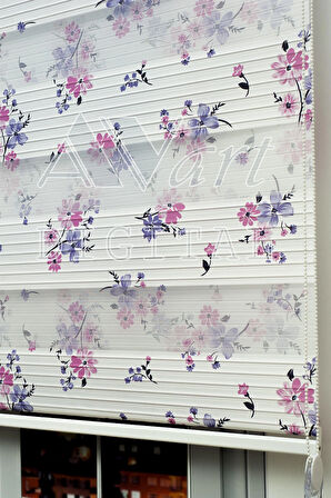 Pembe Ve Mor Çiçek Baskılı Zebra Perde - Dijital Baskılı Zebra Stor Perde