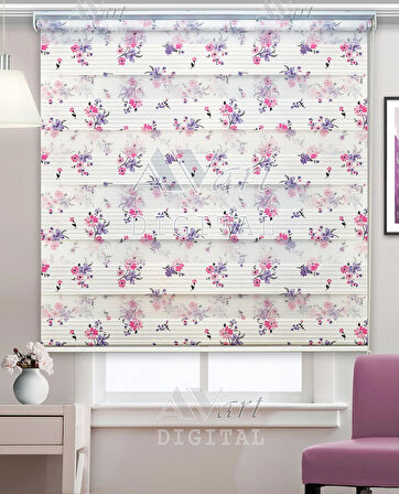 Pembe Ve Mor Çiçek Baskılı Zebra Perde - Dijital Baskılı Zebra Stor Perde