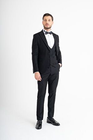 Slim Fit Yelekli Smokin - Siyah 46