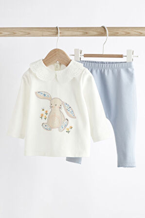 Next Baby Pamuklu Mavi Tavşan Desenli Uzun Kollu Taytlı Alt Üst Takım