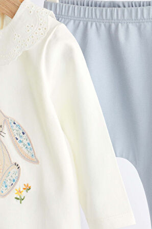 Next Baby Pamuklu Mavi Tavşan Desenli Uzun Kollu Taytlı Alt Üst Takım