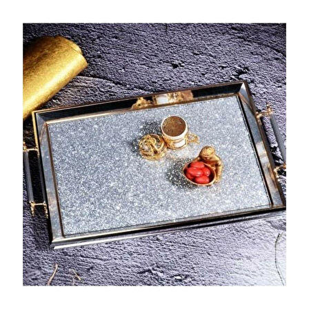 Kosova Ga-584 Kulplu Taşlı Dikdörtgen Tepsi(50*31) (Gümüş-Altın-Gümüş)