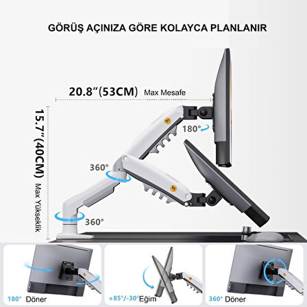 TriLine NB F80-XE Beyaz 17-30" Amortisörlü 2-9Kg Ergonomik Monitör Tutucu Vesa Monitör Standı