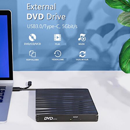 UpWay  Dvd Rw Usb 3.0 Type-C Slim Harici Cd Dvd Yazıcı Okuyucu MacBook iMac Windows11 