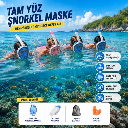 HyMark Tam Yüz Şnorkel Maske (X-XL) Beden Panoramik Görüşlü Deniz Gözlüğü Dry Top Sistem Şnorkel Seti