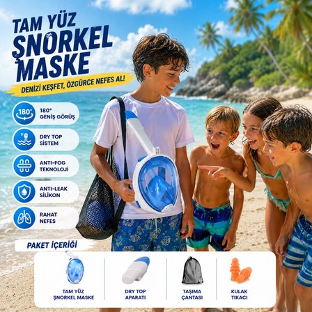 HyMark Tam Yüz Şnorkel Maske (X-XL) Beden Panoramik Görüşlü Deniz Gözlüğü Dry Top Sistem Şnorkel Seti