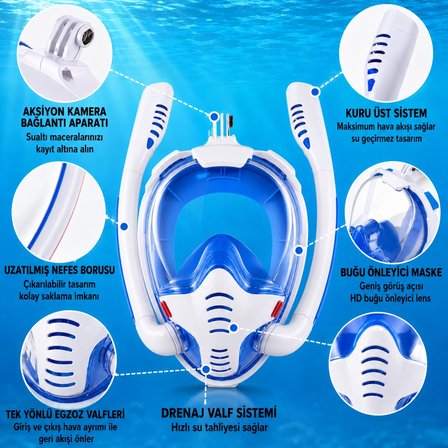 HyMark Çift Tüplü Şnorkel Maskesi (L-XL) Beden Tam Kuru Dalış Yüzme Maskesi Full Face Dalış Gözlüğü