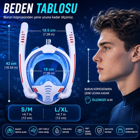 HyMark Çift Tüplü Şnorkel Maskesi (L-XL) Beden Tam Kuru Dalış Yüzme Maskesi Full Face Dalış Gözlüğü