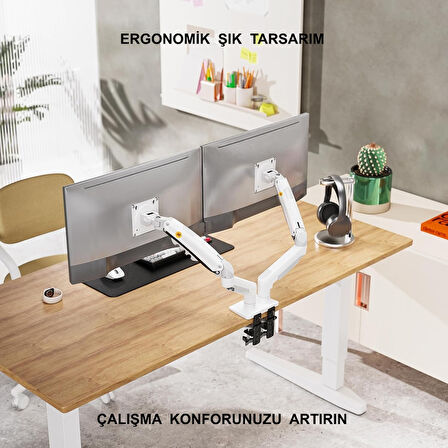 TriLine NB F160 Beyaz 17-27" Çift Kol Monitör Tutucu 2-9 kg Amostisörlü Vesa Monitör Standı