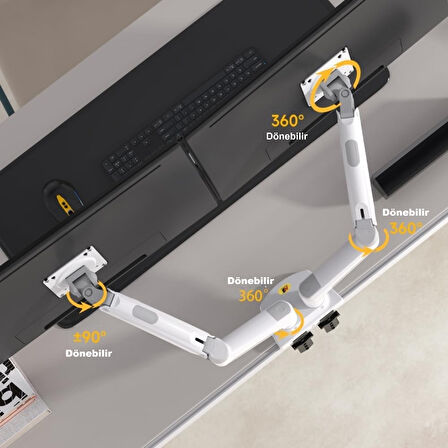 TriLine NB F160 Beyaz 17-27" Çift Kol Monitör Tutucu 2-9 kg Amostisörlü Vesa Monitör Standı