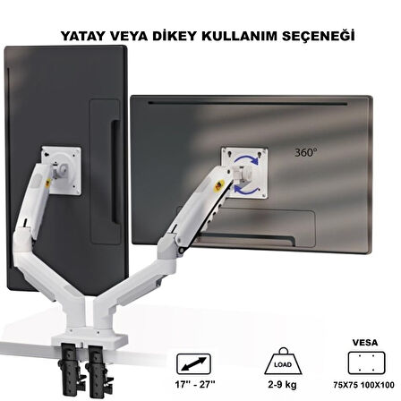 TriLine NB F160 Beyaz 17-27" Çift Kol Monitör Tutucu 2-9 kg Amostisörlü Vesa Monitör Standı