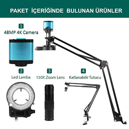 TriLine 48MP 4K 60F/S Endüstriyel Mikroskop Katlanabilir Tutucu 150X Zoom Lensli 56 Led Halka Işık