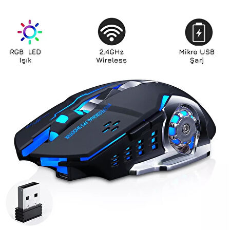 UpWay TW-Q13 Kablosuz Sessiz RGB LED Işıklı Şarjlı Ergonomik 2400DPI Gaming Mouse Siyah