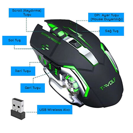 UpWay TW-Q13 Kablosuz Sessiz RGB LED Işıklı Şarjlı Ergonomik 2400DPI Gaming Mouse Siyah