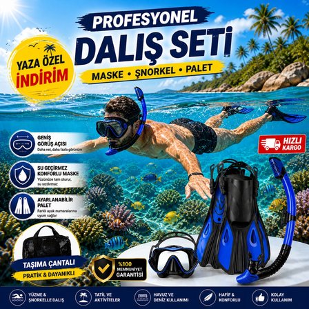 HyMark Full Dalış Seti (S-M) Beden Maske Şnorkel Palet Ayarlanabilir Profesyonel Deniz Seti Taşıma Çantalı