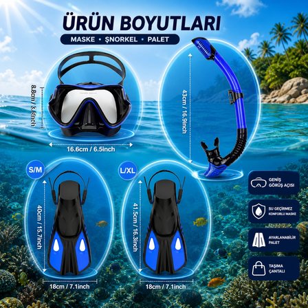 HyMark Full Dalış Seti (S-M) Beden Maske Şnorkel Palet Ayarlanabilir Profesyonel Deniz Seti Taşıma Çantalı