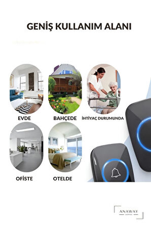 Kablosuz Kapı Zili 2 Alıcılı + 1 Zil Ledli Uzaktan Kumandalı Işıklı Kapı Zili Yüksek Sesli