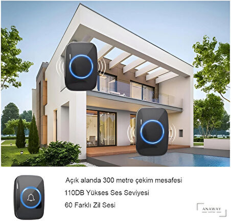 Kablosuz Kapı Zili 2 Alıcılı + 1 Zil Ledli Uzaktan Kumandalı Işıklı Kapı Zili Yüksek Sesli