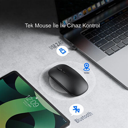 HyMark Sessiz Tıklama Şarjlı Çift Modlu Bluetooth Kablosuz 2.4Ghz Siyah Mouse