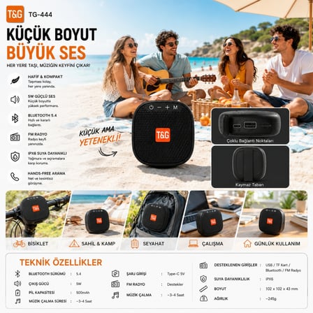 TriLine TG-444 Kablosuz Bluetooth Hoparlör Bisiklet Uyumlu Taşınabilir Outdoor Speaker FM Radyo USB/TF Kart Destekli
