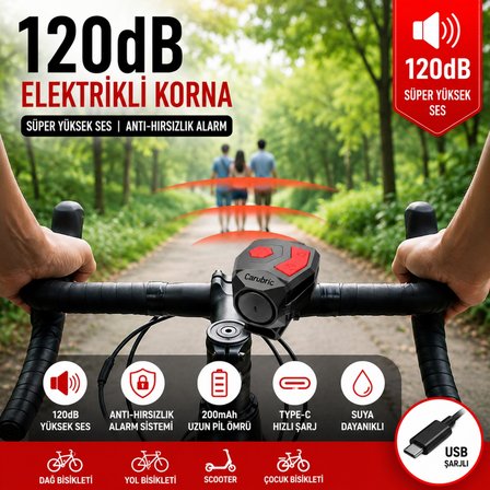 TriLine 120 dB USB Şarjlı Bisiklet Kornası Alarm Zili Anti Hırsızlık Elektrikli Korna Scooter