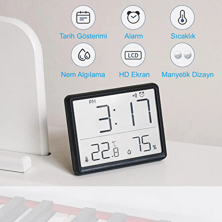 HyMark Mıknatıslı LCD Dijital Ekran 9x7 cm Pilli Mini Saat Alarm Saat Nem Göstergesi Sıcaklık Ölçer