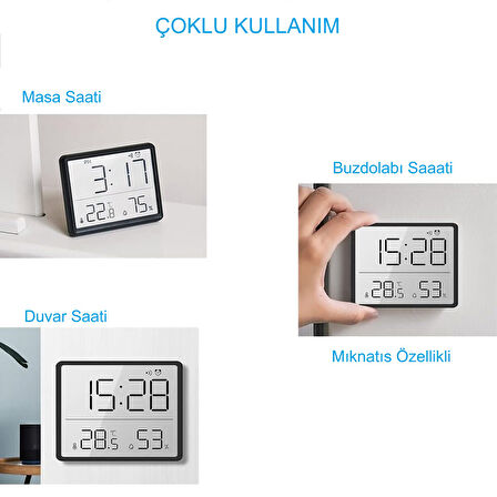 HyMark Mıknatıslı LCD Dijital Ekran 9x7 cm Pilli Mini Saat Alarm Saat Nem Göstergesi Sıcaklık Ölçer