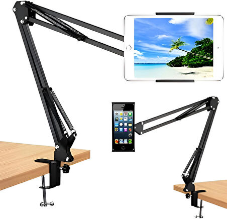 Anaway Shopping Masa Tablet Telefon Tutucu 6"- 11"  Esnek Uzun Kollu 360 Derece Dönebilen Hareketli Masa Tablet Telefon Tutacağı Multi Fonksiyonel Kıskaçlı Mandanlı Kolay Kurulum Sıra Masa Dolap ve Tezgahlarda Kullanım