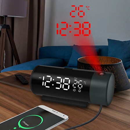 HyMark Projeksiyonlu Silindir USB Güç LED Ekran Çalar Saat Sıcaklık Çift Alarm
