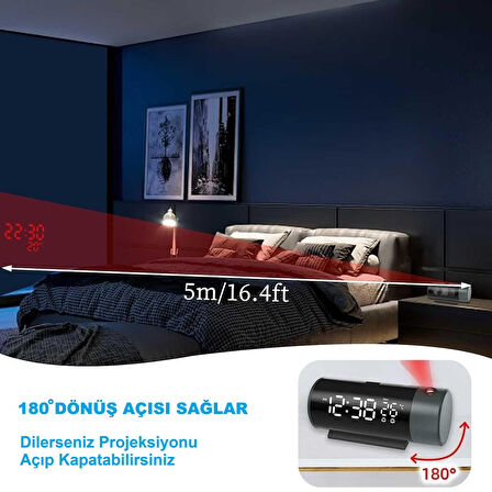 HyMark Projeksiyonlu Silindir USB Güç LED Ekran Çalar Saat Sıcaklık Çift Alarm