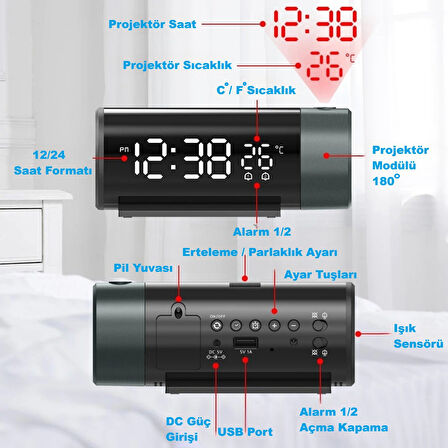 HyMark Projeksiyonlu Silindir USB Güç LED Ekran Çalar Saat Sıcaklık Çift Alarm