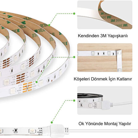 HyMark Tuya Smart Akıllı Şerit LED Bluetooth 5 Metre RGB 16 Milyon Renk Wifi Kumandalı