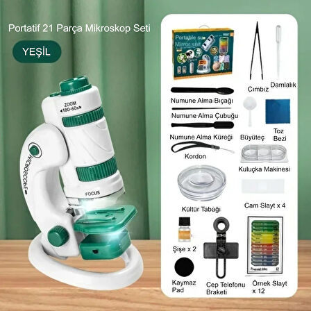 TriLine Mikroskop Deney Seti 180X Portatif LED Işıklı Eğitici Öğretici 21 Parça Mobil Mini Taşınabilir