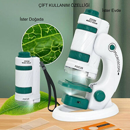 TriLine Mikroskop Deney Seti 180X Portatif LED Işıklı Eğitici Öğretici 21 Parça Mobil Mini Taşınabilir