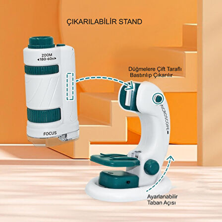 TriLine Mikroskop Deney Seti 180X Portatif LED Işıklı Eğitici Öğretici 21 Parça Mobil Mini Taşınabilir