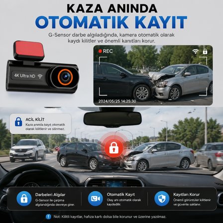 TriLine Ultra HD 4K Mini Ön ve Arka Araç Kamerası 64GB Hafıza Gece Görüşlü GPS Destekli Kamera