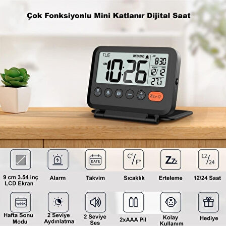 HyMark LCD Katlanır 10x8cm Dijital Masa Saati Çalar Saat Takvim Sıcaklık Led Pilli Seyahat Ofis Ev