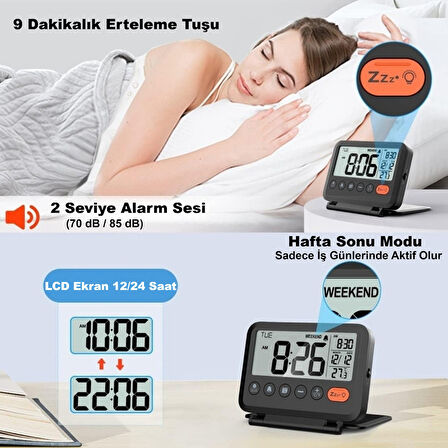 HyMark LCD Katlanır 10x8cm Dijital Masa Saati Çalar Saat Takvim Sıcaklık Led Pilli Seyahat Ofis Ev