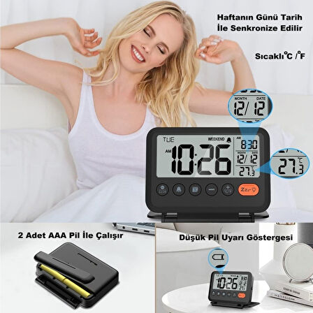HyMark LCD Katlanır 10x8cm Dijital Masa Saati Çalar Saat Takvim Sıcaklık Led Pilli Seyahat Ofis Ev