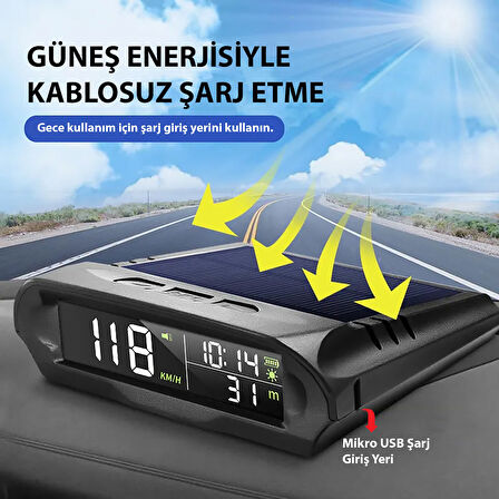 HyMark Evrensel GPS Hız Göstergesi Araç Güneş Enerjili Hız Ölçer S98 HUD Ekranı