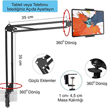 HyMark Esnek Metal Uzun Kollu Telefon Tablet Tutucu Teleskopik 360 Derece Hareketli