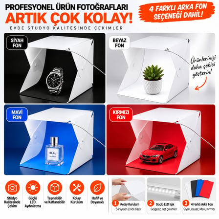 TriLine 20x20 cm LED Işıklı Mini Ürün Fotoğraf Çekim Çadırı 4 Renk Fonlu Taşınabilir Stüdyo