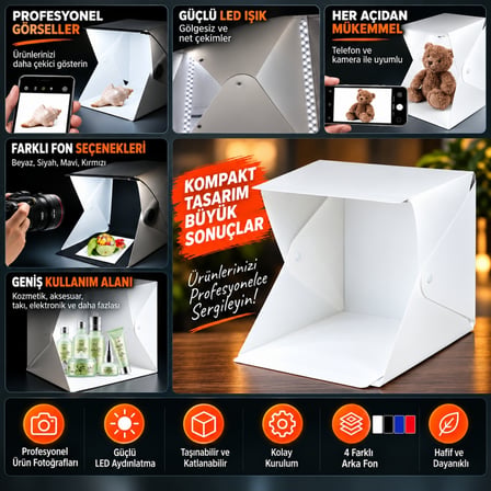 TriLine 20x20 cm LED Işıklı Mini Ürün Fotoğraf Çekim Çadırı 4 Renk Fonlu Taşınabilir Stüdyo