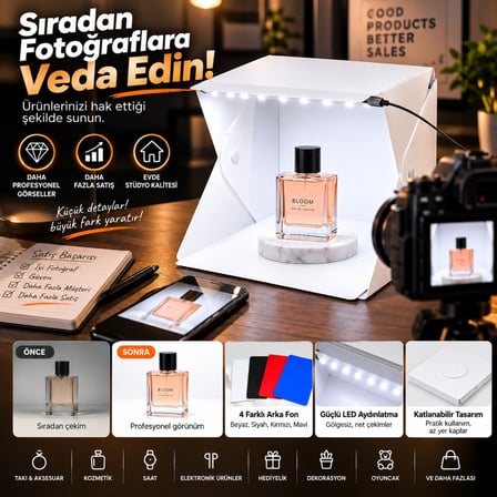 TriLine 20x20 cm LED Işıklı Mini Ürün Fotoğraf Çekim Çadırı 4 Renk Fonlu Taşınabilir Stüdyo