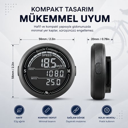 TriLine Bisiklet Bilgisayarı KM Saati Hız ve Mesafe Ölçer Su Geçirmez Ledli LCD Ekranlı Kablolu