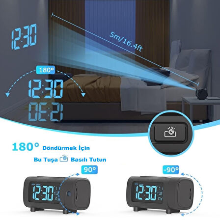 HyMark Mavi Projeksiyonlu Çalar Saat FM Radyo Dijital Saat USB Şarj Sıcaklık 4 Seviye Parlaklık