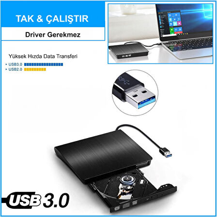 HyMark USB 3.0 Taşınabilir CD DVD Yazıcı Okuyucu Windows Mac Dizüstü Masaüstü Bilgisayar