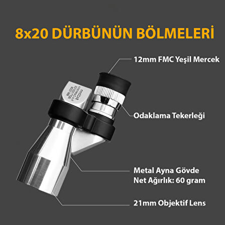 TriLine 8x20 HD Çözünürlük 1000m Görüş Taşınabilir Metal Monoküler Mini Cep Dürbün