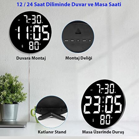 TriLine Dijital Modern 12inç Elektronik LED Duvar Masa Saati Sıcaklık Nem Alarm