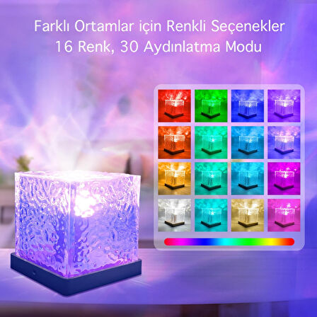 HyMark Kristal Kuzey Işıkları Okyanus Dalgası 16 Renk Projektör Dahili Pil Gece Lambası Kumandalı Dokunmatik